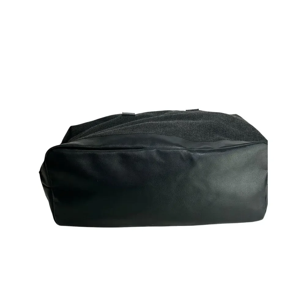 John Varvatos Gray Herringbone Weekender Duffel Travel Bag Faux Leather Trim